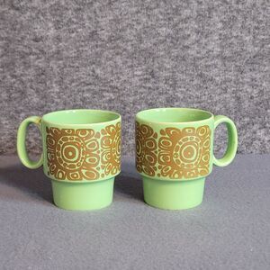 Vintage Royal Alma Ironstone Stackable Green Mugs Groovy Brown Floral -QTY 2